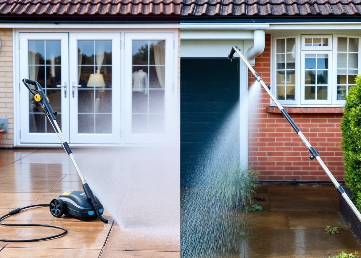 Patio jet washing and high reach gutter cleaning on a UK home